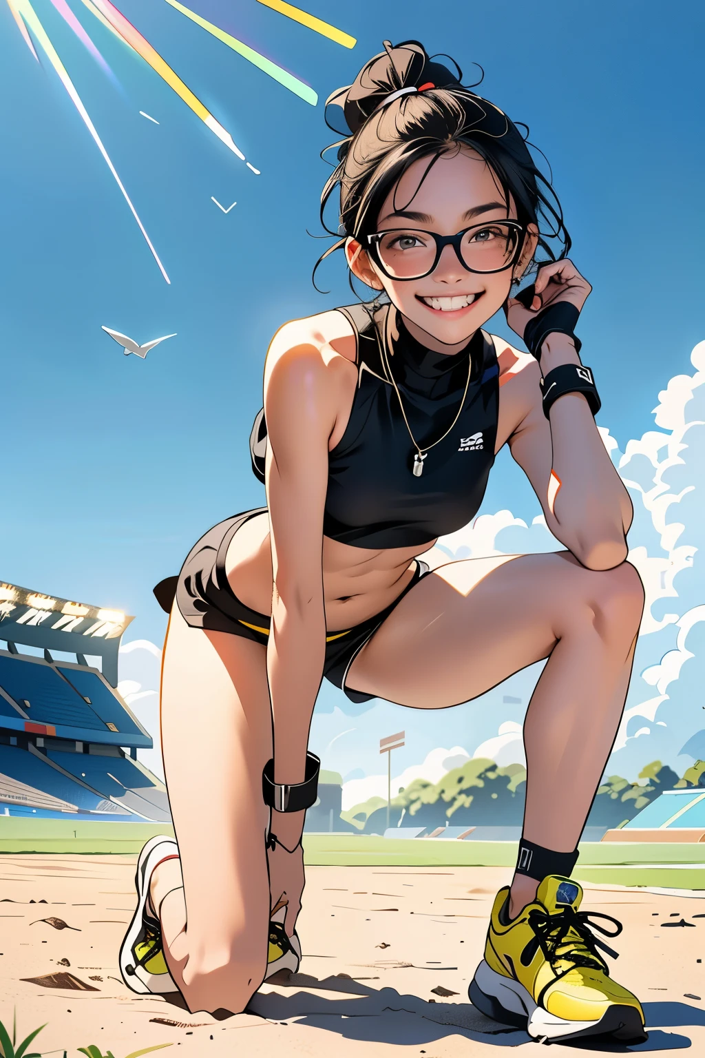 beautiful girl runner, , Prepare to practice running, Lean over to tie your shoelaces........................, Black Hair, Ponytail, bangs, Smile a little........................, Wear glasses, ((Wear a sleeveless sports bar........................, turtleneck, black and yellow shorts, (underboob))), The stomach has sexy lines........................, yellow running shoes, in the stadium stands, anime, high-res