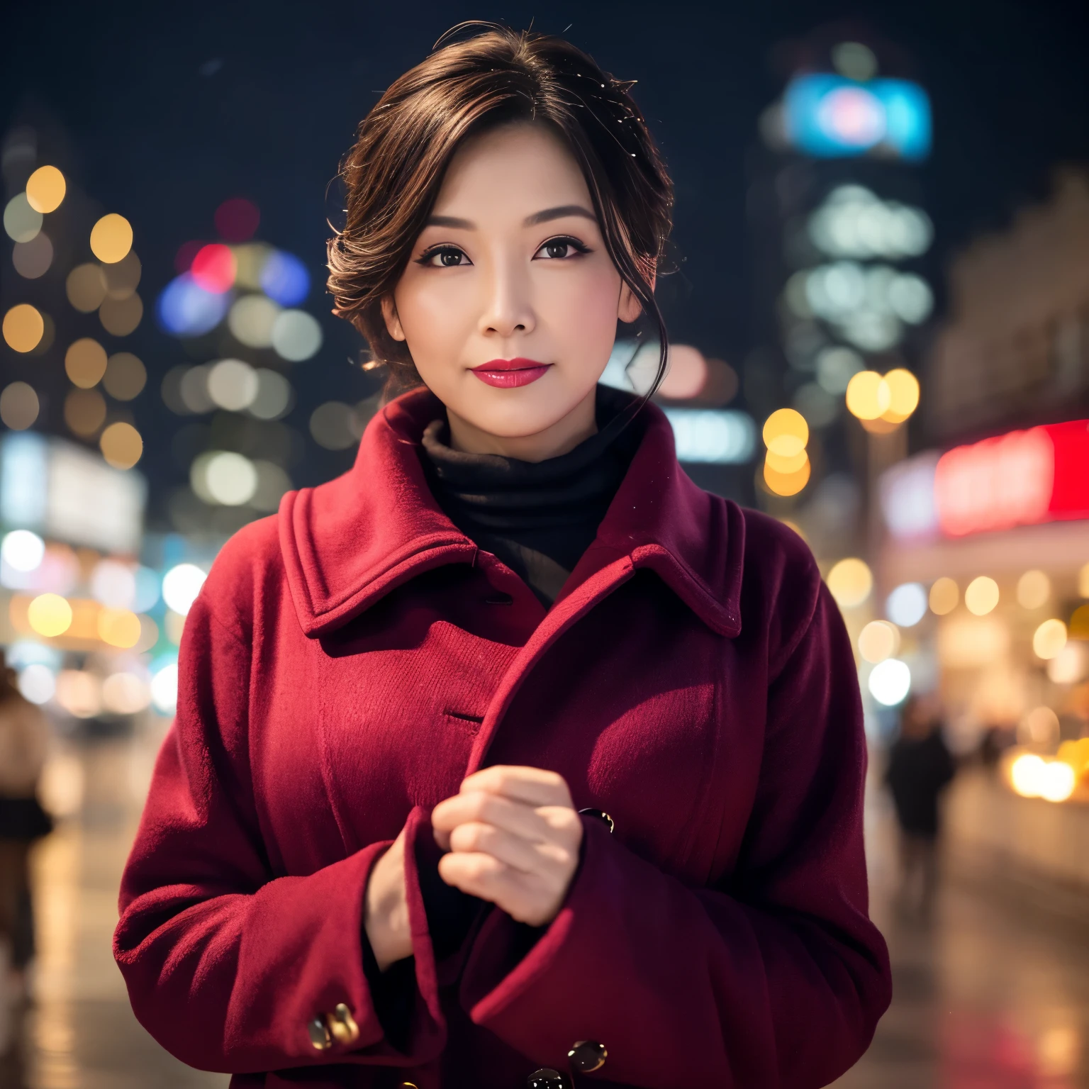 ((highest quality、8K resolution、master masterpiece、professional photography)), Photoreal, 1 Japanese woman, beautiful woman, (45 year old beautiful mature woman:1.2), wrinkles around the eyes, turned into slime,City of night角, night scene,City of night,Neon Street,Sparkling neon lights,Romantic evening,smile shyly at me,Smile at me,Look at me lovingly、(The most elegant lady&#39;s luxury coat:1.1)、big and full breasts,Winter clothes that emphasize the bust,It&#39;s snowing,snowy night,Gorgeous illumination,(gorgeous giant christmas tree:1.1)、Glamorous background,perfect makeupアップ,Dark red lipstick,perfect makeup,eye shadow、long eyelashes、low contrast,great movie lighting,romantic lighting,Gorgeous illumination,Christmas Cityscape,Gorgeous illumination、(very moody and romantic:1.1)、Beautiful skin with super high detail、blurred background