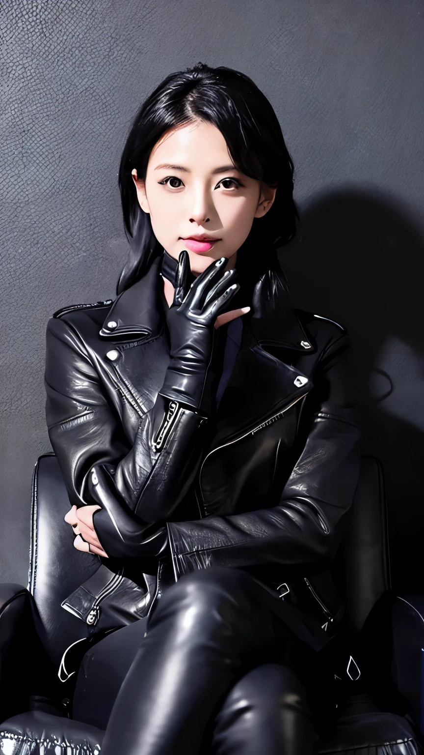 Black leather riders jacket, Office in the Dark, Black leather glove fingertips on both hands,Wearing black leather gloves,Sitting in a black leather chair、 Japan Female New Employees (Black leather gloves cover both hands) (The angle is sideways)、Black Leather Leather Pants,Black Leather Black Leather Pants,Black Leather Skinny Pants、Long black leather boots on both feet、Black Hair Ponytail ((He wears black leather gloves on his hands))full body photo,Full Body Shot Full Body Full Body Leather Suit,☺If you turn in this direction。Wearing black leather gloves,Wearing black leather gloves,Wearing black leather gloves,Wearing black leather gloves,Wearing black leather gloves,Wearing black leather gloves,黒のレザーパンツが美しい😍黒のレザーパンツが美しい😍黒のレザーパンツが美しい,😍I'm smiling while looking at you,full body photo,full body photo,Full body leather wear