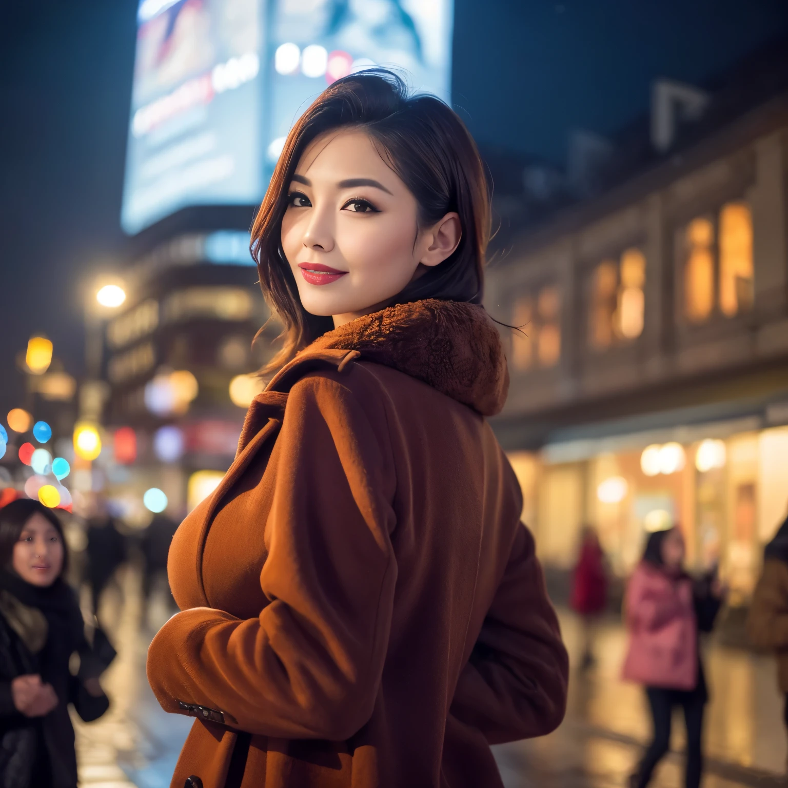 ((highest quality、8K resolution、master masterpiece、professional photography)), Photoreal, 1 Japanese woman, beautiful woman, (The most classy and beautiful mature woman of 45 years old:1.2), wrinkles around the eyes, turned into slime,City of night角, night scene,City of night,Neon Street,Sparkling neon lights,Romantic evening,smile shyly at me,Smile at me,Look at me lovingly、(The most elegant lady&#39;s luxury coat:1.2)、big and full breasts,Winter clothes that emphasize the bust,It&#39;s snowing,snowy night,Gorgeous illumination,(gorgeous giant christmas tree:1.1)、Glamorous background,perfect makeupアップ,Dark red lipstick,perfect makeup,eye shadow、long eyelashes、low contrast,great movie lighting,romantic lighting,Gorgeous illumination,Christmas Cityscape,Gorgeous illumination、(very moody and romantic:1.1)、Beautiful skin with super high detail、blurred background