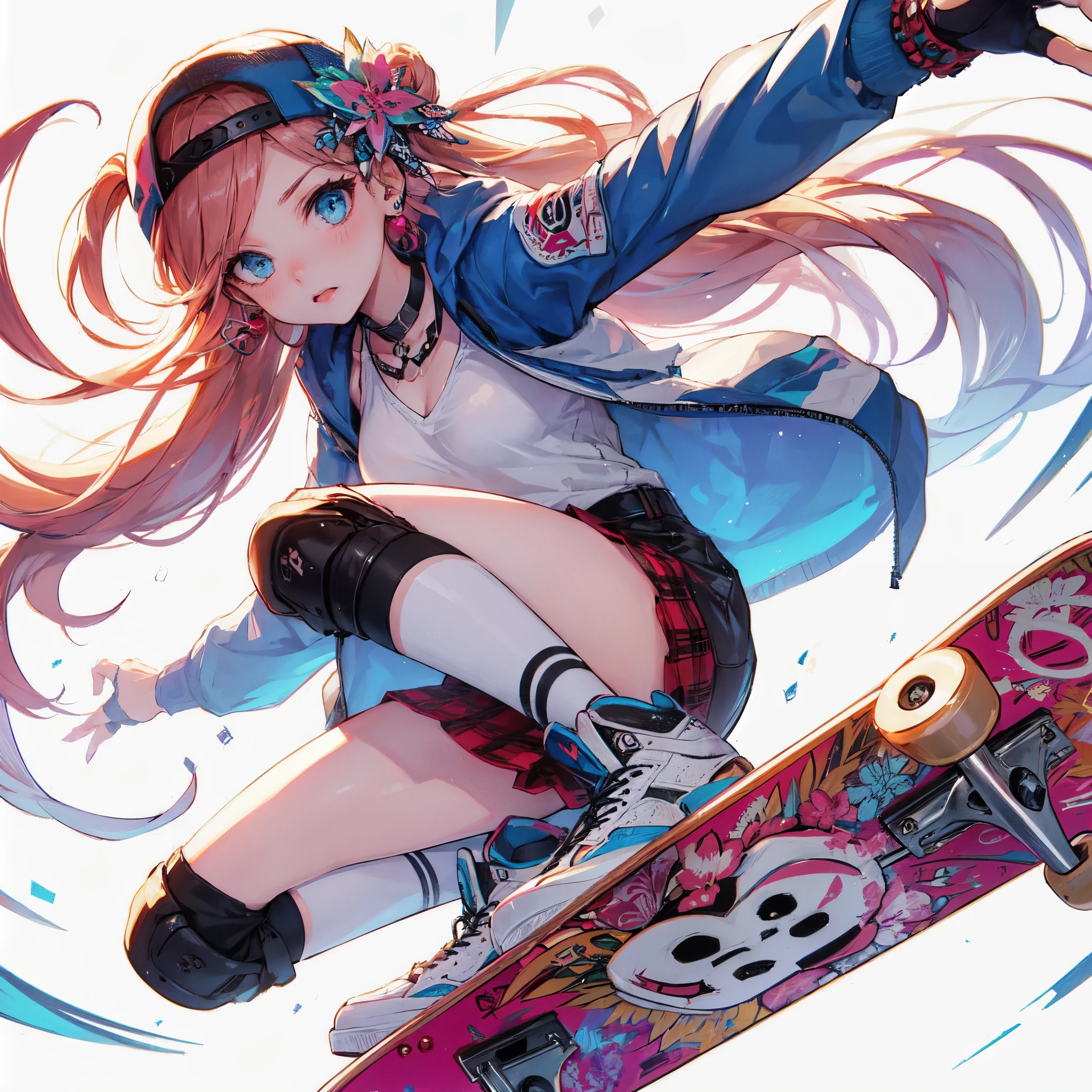 high quality,hd,16k,sharp line,1girl,female skateboard athlete ,cute face, large breasts, nice legs,hold a skateboard, sweat,in skateboard venue,focus girl,detailed beautiful face,detailed clothes,beautiful eyes,pretty,dynamic angle