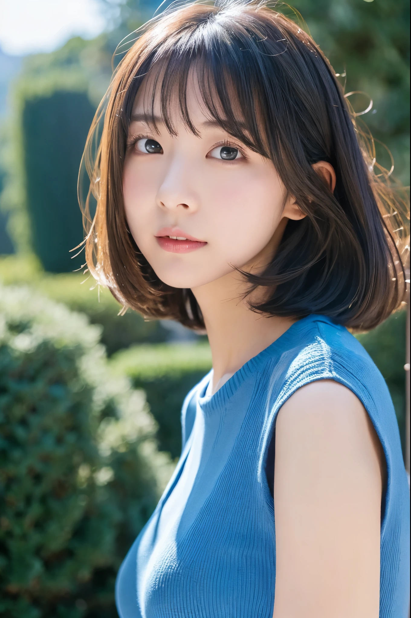 Detailed details,、high resolution、high quality、Perfect dynamic composition、Beautiful detailed eyes、short-hair、Small breasts、Natural Color Lip、Kamimei、Shibuya、20 years girl、1 persons、Transparent skin、Glowing hair、masterpiece、Best Quality、finely detail、high resolution、8K、The correct state of the human body、She wears a navy blue long knit dress、randome pose、Gravure Model Pose、Hair soaring in the wind