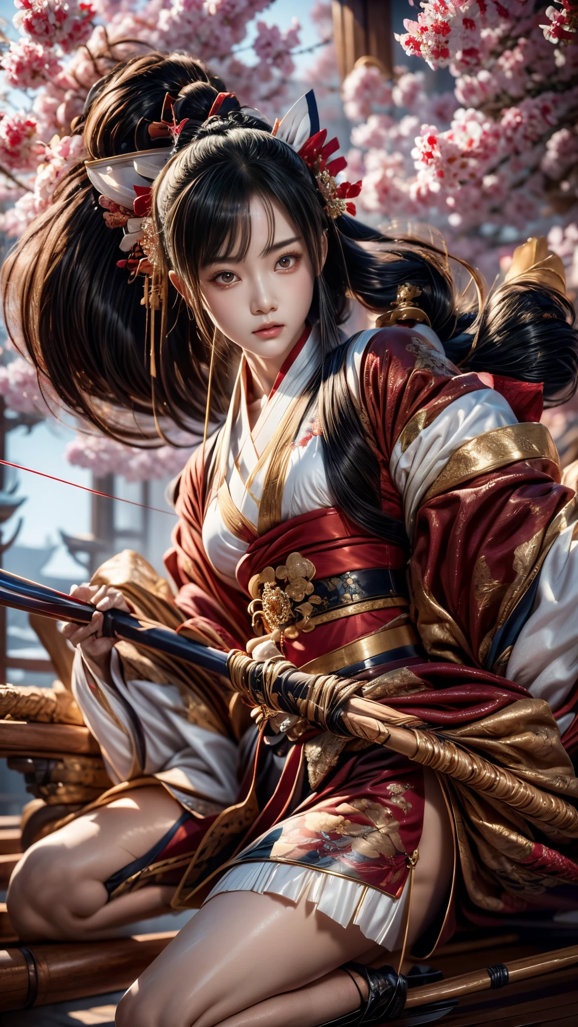 a woman with a bow and a bow in her hand, onmyoji detailed art, extremely detailed artgerm, onmyoji, onmyoji portrait, artgerm detailed, anime girl with a bow and arrow, artwork in the style of guweiz, fox nobushi holding a naginata, artgerm. high detail