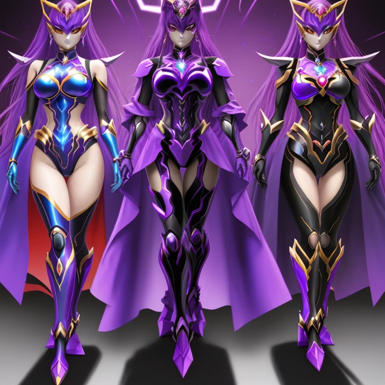 A painting of a woman wearing purple and red costumes、衣装を着たwhole body、whole bodyゼンカイ!asuka suit、whole body。Front view、New costume concept design、whole bodyコンセプト、special effects suit vaporwave、whole body正面ショット、女性whole body、whole bodyFront view、simple futurist cyborg empress、humanoid form、secret seventh power ranger、zodiac girls、bikini armor、Morning warrior hybrid、New costume concept design、80's color scheme、female superhero proportions、different full body views、Power Ranger、full body concept、Wearing opal armor