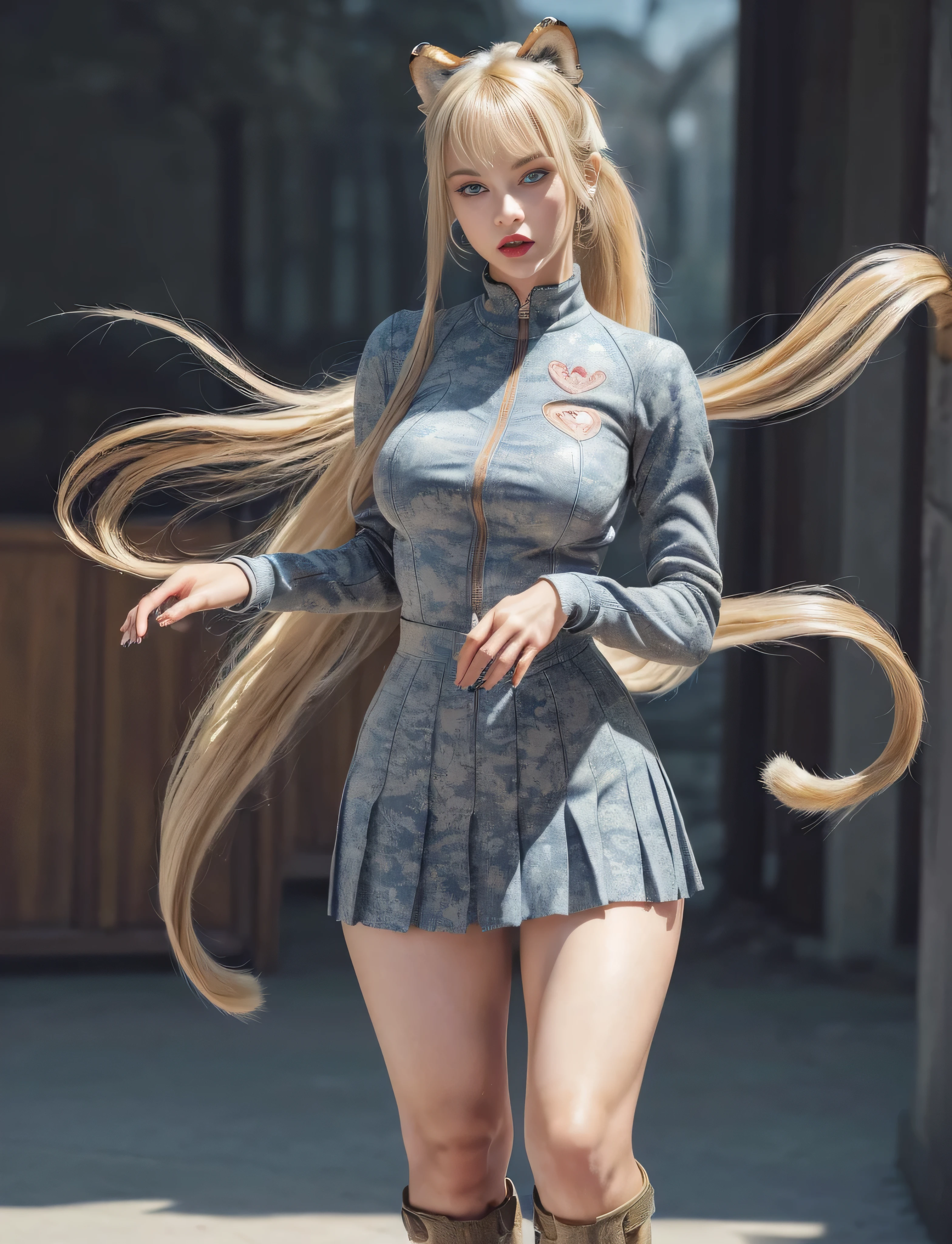very detailed RAW color photo, (((1 girl))), (((alone))), (((30 years))), ((athletic)), ((very defined toned physique)), ((very defined and beautiful muscular body)), (((very detailed perfect body))), (((small and defined breasts))), (((ultra defined curves))), (((superior quality, 8k, masterpiece: 1.3)), sharp focus: 1.2, (((extremely beautiful girl with perfect figure: 1.4))), ((very thin waist: 1.2)), ultra detailed skin texture, ((perfect and beautiful hands)), ((smooth and soft skin)), (ultra detailed fabric texture), extremely beautiful ultra detailed face, (((extremely beautiful))), intricate details, ultra detailed, (((girl wearing a tight winter jacket with a pleated miniskirt))), (((extremely long straight blonde hair))), extremely beautiful, (((extra long ponytail with bangs))), ((very detailed and beautiful tiger ears)), (hair on the face), ((hair ribbon)), dynamic pose, ((uniform leaves thighs exposed)), ((ultra detailed legs)), (((ultra detailed waist))), (((very wide hips))), (((very thick thighs))), (sexy), (((extreme hourglass figure))), (((very thick heart lips))), ((red lipstick)), ((ultra detailed lips)), ((ultra detailed blue eyes)), ((angry look)), (((staring at the viewer))), ultra detailed provocative mouth, extremely beautiful seductive lips, ((blushing)), (makeup), (((ultra defined waist))), eye shadow, (full body shot), (military boots)