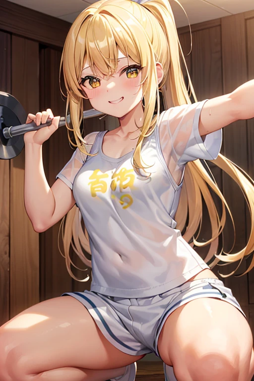 Marisa Drizzle、yellow short sleeve cut and sew、white shorts、Sweat、High precision、highest quality、high resolution、beautiful、cute、long blonde hair、yellow eyes、ponytail、small breasts、Sweatが滴る、smile showing teeth、carry a barbell on your shoulders、training、Moving、squat、バーベルsquat、Bend your knees to about 90 degrees