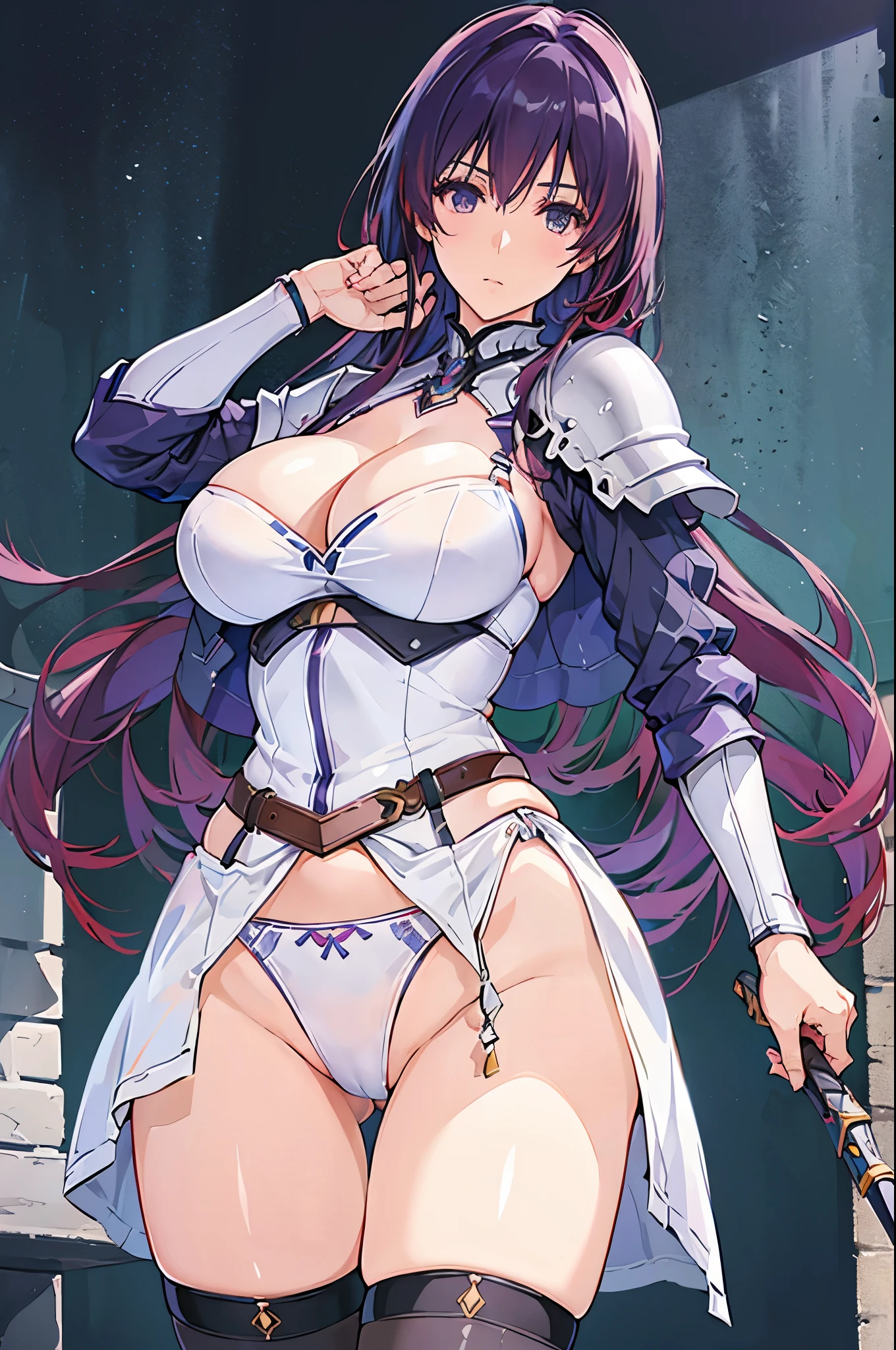 (best quality, In 4K, 8K, High resolution, muste piece:1.2),Super detailed, (Reality, photorealistic, photorealistic:1.37),30 year old woman,ripe woman,Mature woman,((Inside a castle),muste piece, Top quality, Ultra-fine,maximum resolution, Extremely detailed, ((Armor,white panties,holy knights,thigh high socks,huge breasts,cleavage,groin,bottomless)),Cord,long purple hair,Seductive thighs,standing,blade in hand,from below