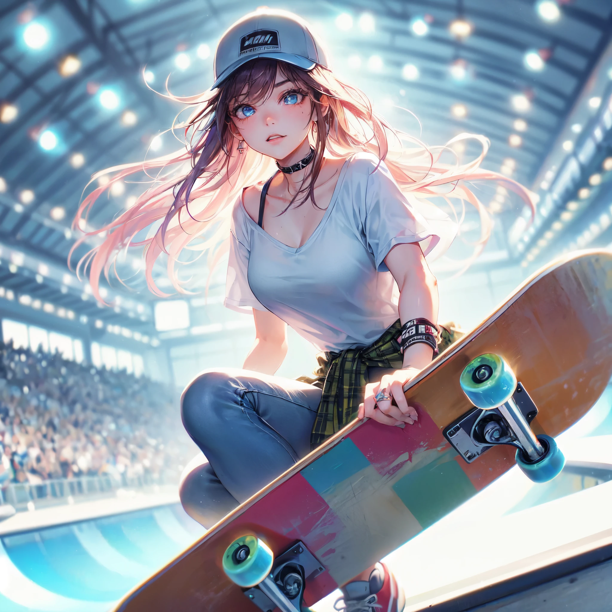 high quality,hd,16k,sharp line,1girl,female skateboard athlete ,cute face, large breasts, nice legs,hold a skateboard, sweat,in skateboard venue,focus girl,detailed beautiful face,detailed clothes,beautiful eyes,pretty,dynamic angle