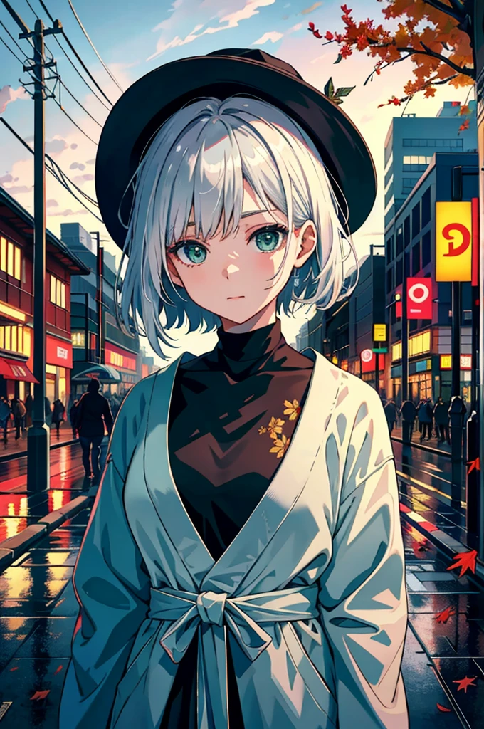 Japan, High resolution, highest quality, figure, Super detailed, (detailed face), (fine eyes), soft lighting, highest quality, Foggy glow, dreamy atmosphere, very detailed, masterpiece, 1 girl, alone, silver hair, green eyes, knit, bright eyes, Medium chest, (colored), cowboy shot, outdoor, evening, cloud, Skyscrapers on the background, For industrial use, public transport, urban, buildings concrete, concrete, sidewalk, busy, wood, autumn, Fallen leaves,