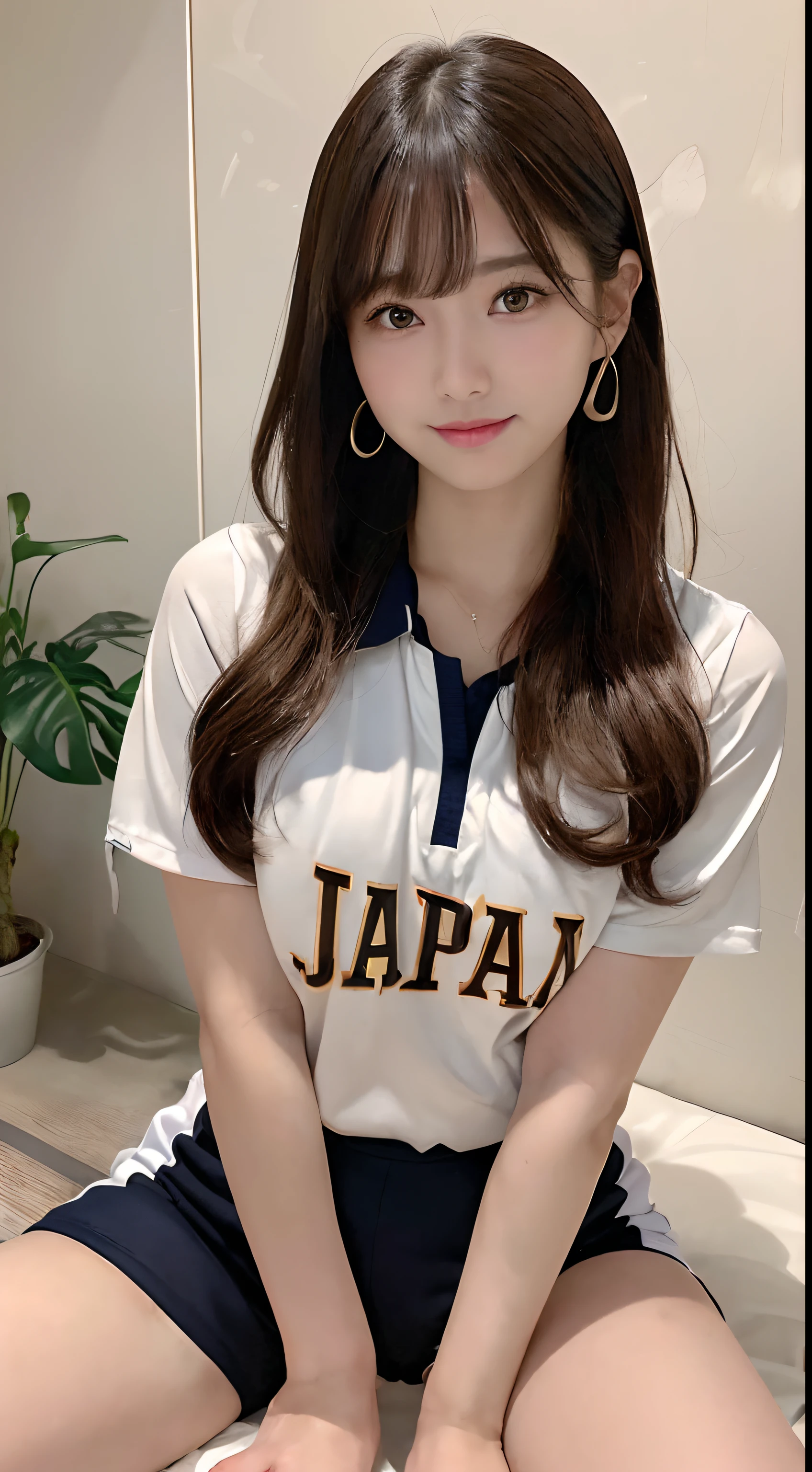 (A hyper-realistic), (illustratio), (hight resolution), (8K), (ighly detailed), (The best illustrations), (Beautiful detailed eyes), (top-quality), (ultra-detailliert), (masterpiece), (wall-paper), (详细的脸), (beautiful smiling face)、(beautiful countenance)、Semi-long fluffy hair、Earrings with bangs、独奏、(((Cute Japan Beautiful Girl)))、 ((Beautiful girl with a Japan at the age of 18 years old in the volleyball club))、 (((Volleyball player)))、(((Valley Club)))、((Volleyball Club Uniform))、(((Hide the chest)))、(((Tight clothing to emphasize)))、((Baby face))、(((C Cup Beautiful Breasts)))、(((!!!!)))、 (((Small!!!!)))、(Open your legs indoors:1.6)、(((Open your legs:3.5!!!!))), ((clean breasts))、hide cleavage、 (((Glamorous body)))、slightly chubby figure、gravure model、Elegant Pose、Seduction poses、(R-18), Looking at the camera、(((Crotch open pose;3.0!!!)))、((Crotch focus))