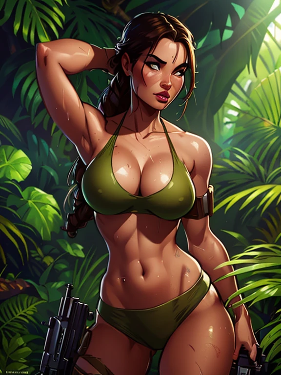arafed woman in a bikini and a gun in a jungle, tomb raider beautiful, lara croft, portrait of lara croft, wojtek fus, lara croft relaxing, muscular sweat lara croft, adventure hyper realistic render, ultra realistic concept art, tomb raider setting, 3 d render character art 8 k, artstation 4k, 8k stunning artwork
