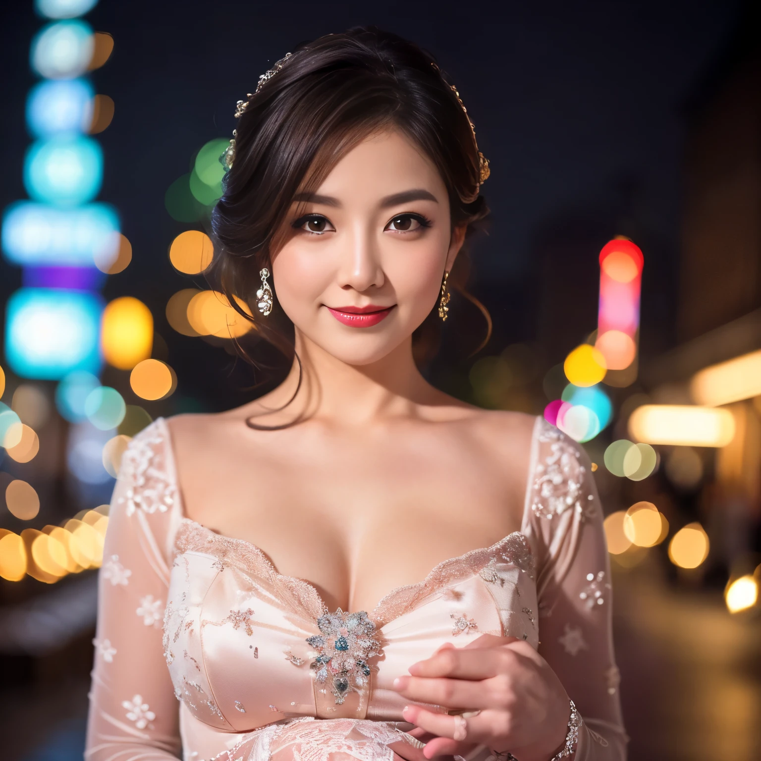 ((highest quality、8K resolution、master masterpiece、professional photography)), Photoreal, 1 Japanese woman, beautiful woman, (50 year old beautiful princess:1.2), wrinkles around the eyes, Plump and soft body、The most elegant and beautiful hairstyle、City of night角, night scene,City of night,Neon Street,Sparkling neon lights,Romantic evening,smile shyly at me,Smile at me,Look at me lovingly、(The most elegant princess costume:1.2)、big and full breasts,Emphasis on bust,It&#39;s snowing,snowy night,Gorgeous illumination,(gorgeous giant christmas tree:1.2)、Glamorous background,perfect makeupアップ,Dark red lipstick,perfect makeup,eye shadow、long eyelashes、low contrast,great movie lighting,romantic lighting,Gorgeous illumination,Christmas Cityscape,Gorgeous illumination、(very moody and romantic:1.1)、Beautiful skin with super high detail、blurred background、Glittering night background、premonition of love