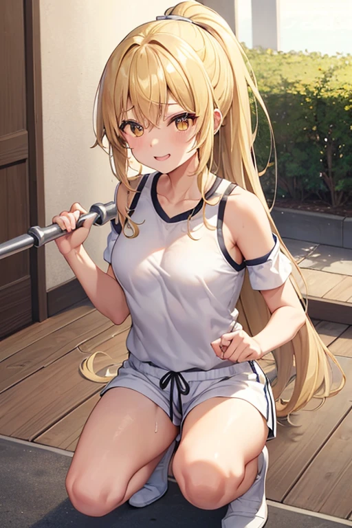 Marisa Drizzle、yellow short sleeve cut and sew、white shorts、Sweat、High precision、highest quality、high resolution、beautiful、cute、long blonde hair、yellow eyes、ponytail、small breasts、Sweatが滴る、smile showing teeth、carry a barbell on your shoulders、training、Moving、squat、バーベルsquat、Bend your knees to about 90 degrees