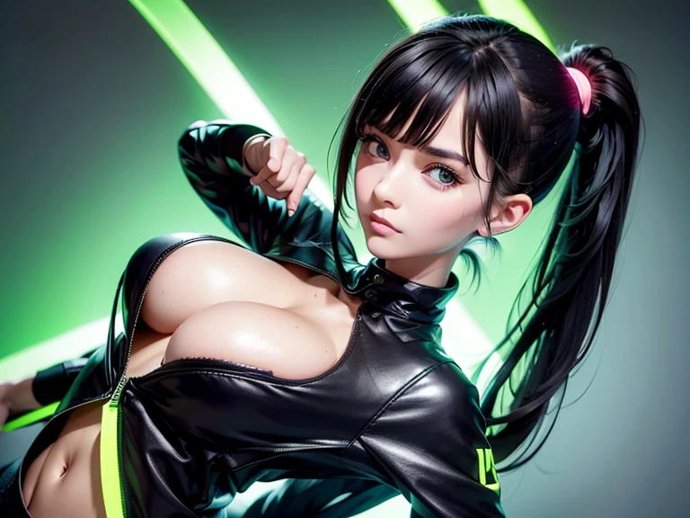 large breasts,whole body,beautiful face,ponytail,daytime,crowd of people,masterpiece, extremely fine and beautiful、Sambar Punk、Holds a red mechanical sword。Black jacket with green fluorescent lines、jacket is open、combat readiness