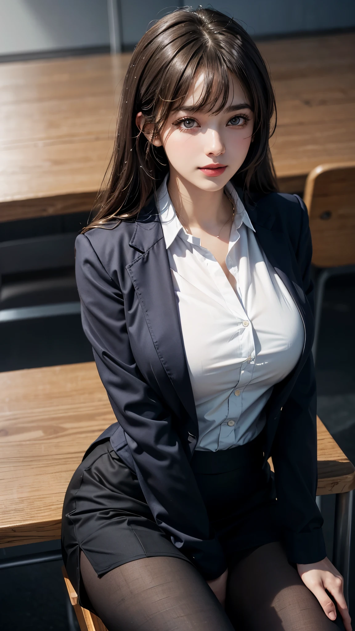 (UHD, retina, masterpiece, accurate, anatomically_correct, textured_skin, super_detail, high_details, high_quality, best_quality, high_res, 1080P, HD, 4K, 8k, 16k), (beautiful_detailed_eyes, beautiful_detailed_lips, extremely_detailed_eyes_and_face), soft_lighting, physically-based_rendering, vivid_colors, (((large_breasts:1.5))), (shiny_hair, shiny_skin, tanned_skin, blush), (bangs:1.5), eye_reflection, (bokeh), semi-profile_view, smile_and_laugh, (blazer, shirt, businessskirt, sit:1.5), (tights:1.37), from above,