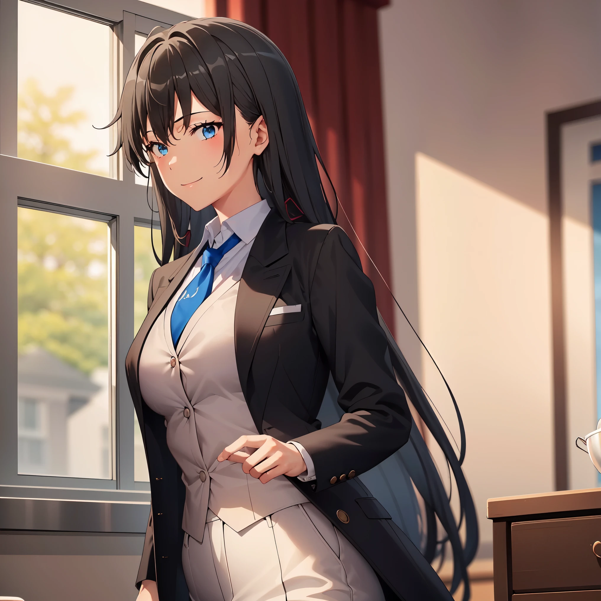 ((best quality)), ((masterpiece)), (detailed) 1girl 1girl, ;\), blurry, blurry_background, breasts, , hair_long looking_at_viewer, ok_sign, open_hand, Yukinoshita Yukino ,Woman wearing formal clothes, An attractive coat stands in a large gap in the room , 1girl, 独奏, blue necktie, Black hair, eyes blue, long hair, smile , collared shirt, white pants, white shirt , Elegantly designed coat , Stand in front of a window ,Perfectly tailored tailcoat. It has a stunning Victorian design and is made of lustrous fabric