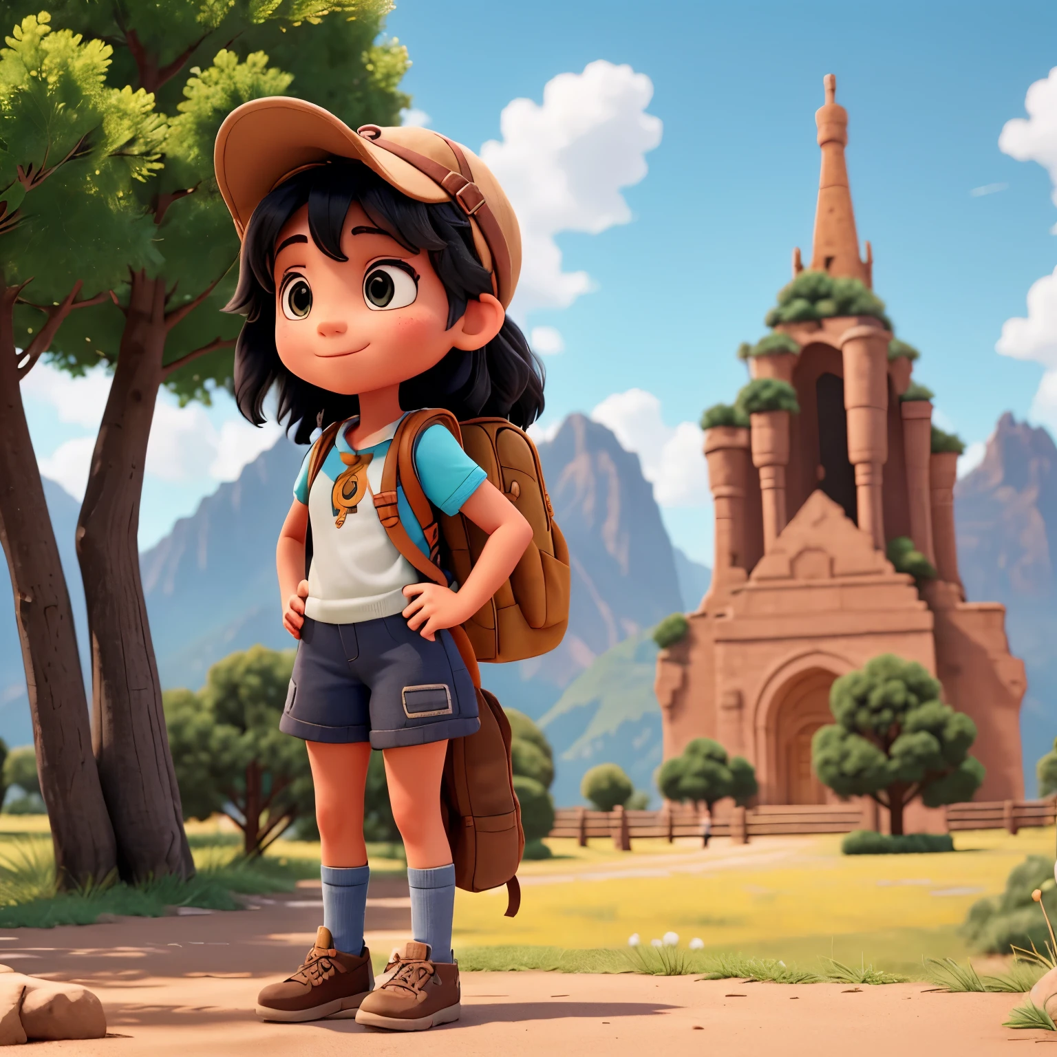 An adventurous girl with a backpack on her back and a hat on her head and full body black hair ready for an adventure  