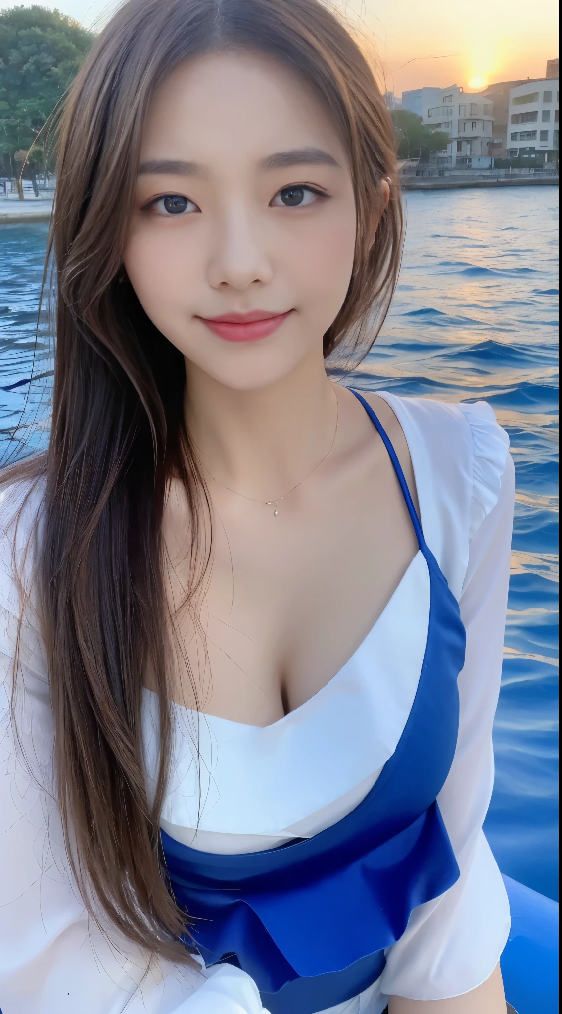 ((highest quality, 8K, masterpiece: 1.3)), concentrate: 1.2, perfect beauty: 1.4, butt: 1.2, ((layered hairstyles, chest: 1.2)), (wet clothes: 1.1), (sunset, street: 1.3), Half Way Dresses: 1.1, Highly detailed face and skin texture, narrow eyes, double eyelid, Whitening skin, long hair, (shut up: 1.3), smile, Unreal beauty,((Cobalt blue sea background)),