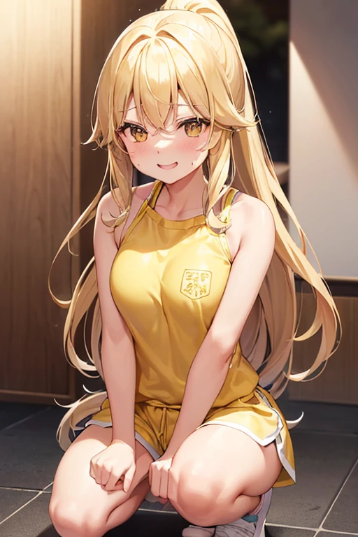 Marisa Drizzle、yellow short sleeve cut and sew、white shorts、Sweat、High precision、highest quality、high resolution、beautiful、cute、long blonde hair、yellow eyes、ponytail、small breasts、Sweatが滴る、smile showing teeth、carry a barbell on your shoulders、training、Moving、squat、バーベルsquat