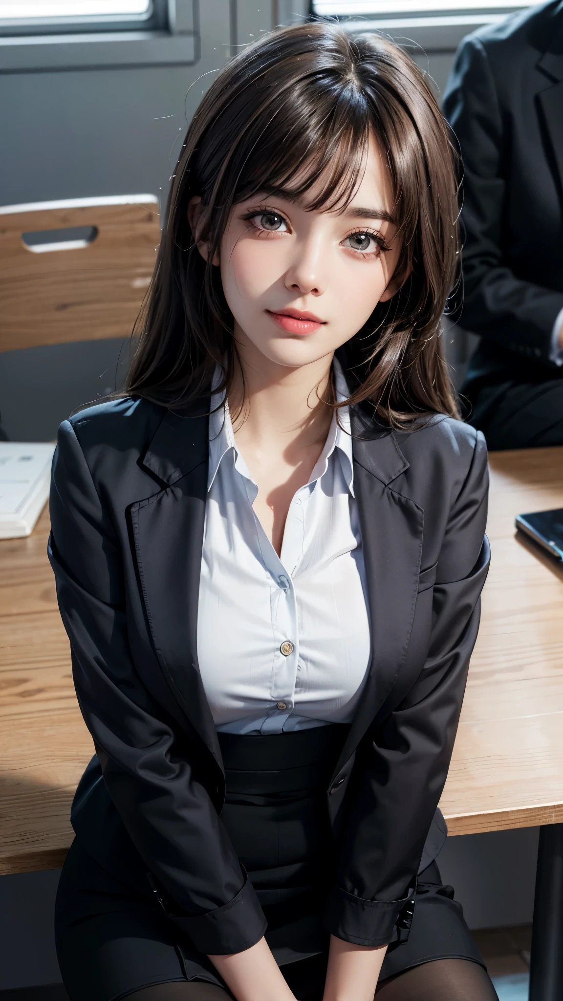 (UHD, retina, masterpiece, accurate, anatomically_correct, textured_skin, super_detail, high_details, high_quality, best_quality, high_res, 1080P, HD, 4K, 8k, 16k), (beautiful_detailed_eyes, beautiful_detailed_lips, extremely_detailed_eyes_and_face), soft_lighting, physically-based_rendering, vivid_colors, (large_breasts:1.5), (shiny_hair, shiny_skin, tanned_skin, blush), (bangs:1.5), eye_reflection, (bokeh), semi-profile_view, smile_and_laugh, (blazer, shirt, businessskirt, sit:1.5), (tights:1.37), from above,
