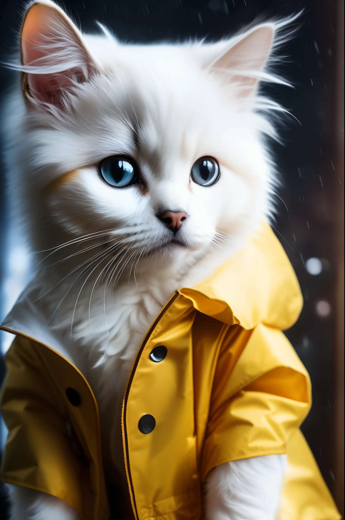 White colored cat puppy wearing raincoat, stormy weather, with cinematic lighting and ultra realistic details, realistic photo, cinematic photography, incredibly detailed, film lighting