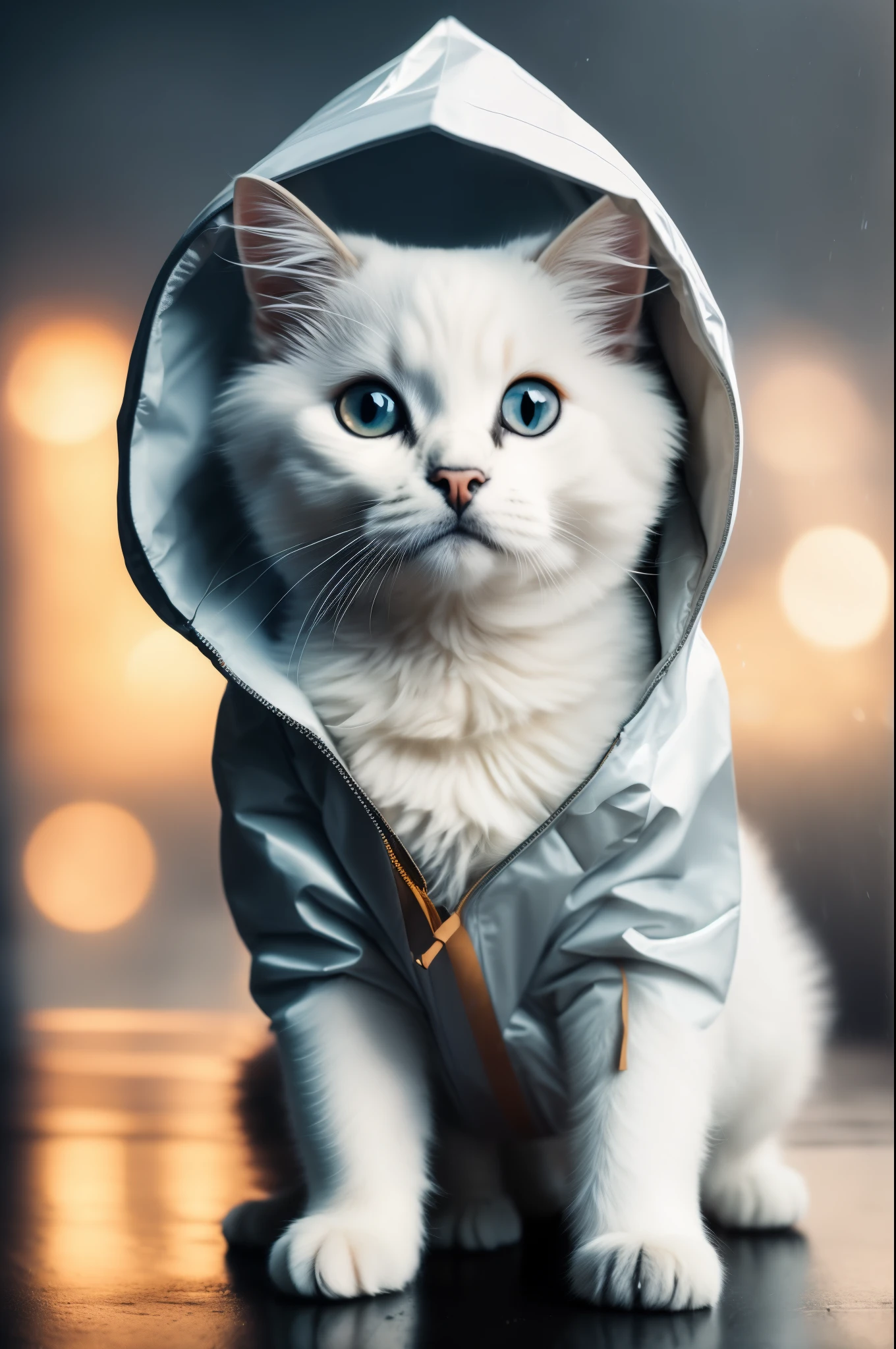 White colored cat puppy wearing raincoat, stormy weather, with cinematic lighting and ultra realistic details, realistic photo, cinematic photography, incredibly detailed, film lighting