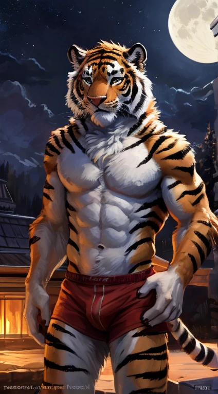 Tiger male, full body covered in fluffy fur, , big muscular chest, volumetric abs, day, , detailed, uploaded to e621, beautiful and detailed portrait of an anthropomorphic white tiger (((male))) kenket, ross tran, ruan jia, uploaded to e621, zaush, foxovh, movie lighting, moon lights, glowing eyes, white fur, long dark mane of hair, wear red underwear