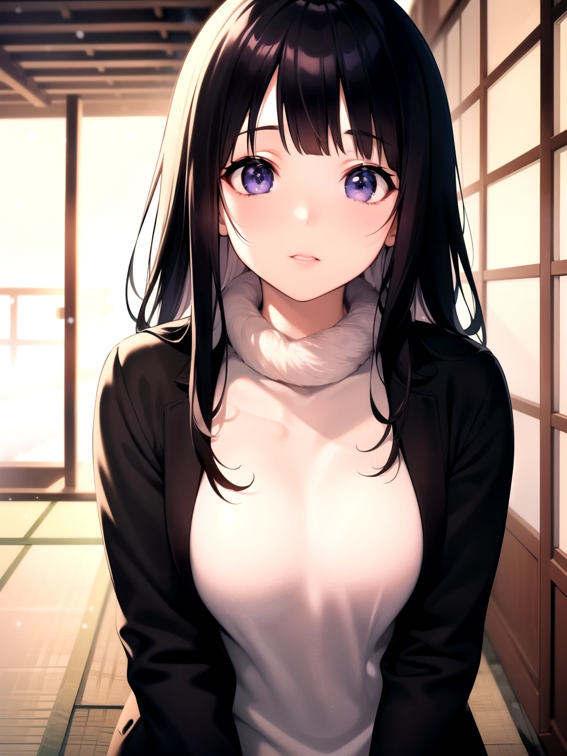 (A superb exquisite Chitanda Eru), ((mature face)), purple eyes, long black hair, natural straight hair, straight bangs, solo, [Small_breasts: large_breasts: 0.5], normal breasts, (((longcoat, muffler, winter temple, japan))), extremely delicate, peerless beautiful girl, dreamy quality, exaggerated facial features, solid color, delicate face, bright lips, slender waist, straight curves, soft lights and shadows, super fine, 8K HD, (masterpiece:1.4), (finely detailed beautiful eyes: 1.2)