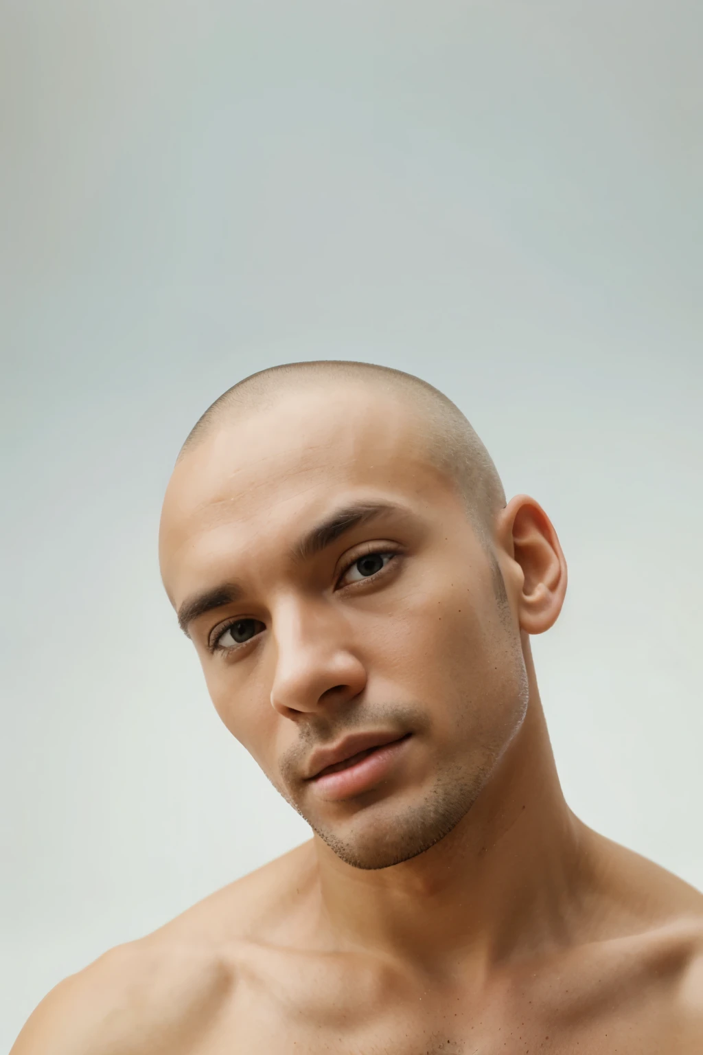bold headed man bending his head towards the camera, 16k, realistic, white background, 