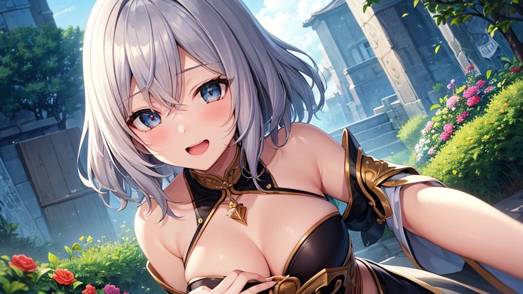 super high quality, with a girl, 20-year-old, very short hair, long bangs between the eyes, gray eyes , blue sky, sunlight, very detailed,(masterpiece、highest quality)、alone、gray hair、laughter、fantasy, silver hair, black eye, beautiful eyes,, ecstasy, charm, be smitten with audience, fantasyな風景、flower garden