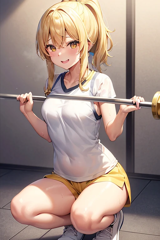 Marisa Drizzle、yellow short sleeve cut and sew、white shorts、Sweat、High precision、highest quality、high resolution、beautiful、cute、long blonde hair、yellow eyes、ponytail、small breasts、Sweatが滴る、smile showing teeth、carry a barbell on your shoulders、training、Moving、squat、バーベルsquat