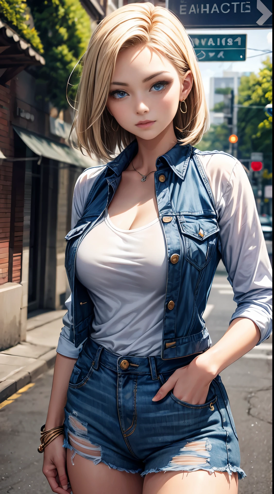 (big boobs, tomboy, small head)), (clear abs: 1.1), (perfect figure: 1.1), (short curls: 1.2), blonde hair, collar, chain, full body shot, crowded street, wearing a pink vest, denim jacket, (shorts), (very delicate and beautiful), (best quality: 1.0), (ultra high resolution: 1.0), beautiful light, realistic shadows, [high resolution: 1.0), [high resolution: 1.0), [high resolution], cool skin, super tender skin Details (color)