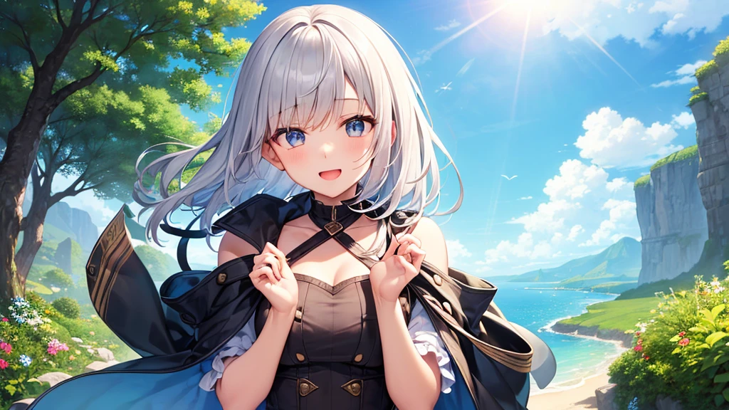 super high quality, with a girl, 20-year-old, very short hair, long bangs between the eyes, gray eyes , blue sky, sunlight, very detailed,(masterpiece、highest quality)、alone、gray hair、laughter、fantasy, silver hair, black eye, beautiful eyes,, ecstasy, charm, be smitten with audience, fantasyな風景、seaside