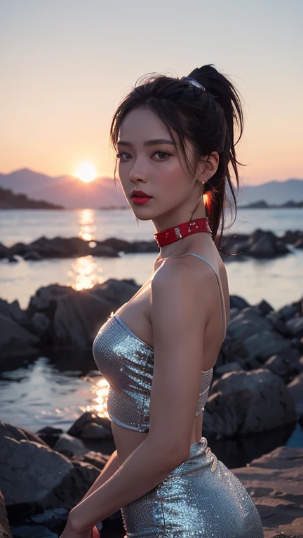 Ultra high quality,8K,gal girl,Sexy and feminine, high and cold,Enchanting,The head proportions are perfect,Gray high ponytail,Wear a short top, ripped denim shorts,Flaming red lips,Swan neck,chokers,sun is shining