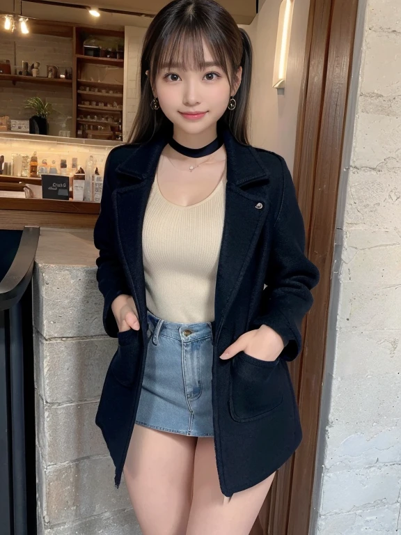 (Photoreal)、(Super high realism)、(ultra high resolution)、(Ultra high definition)、 (17 year old girl、small face、very young face, natural makeup)(fair skin、Smooth skin、realistic texture)(sparkling eyes)beautiful breasts、beautiful cleavage、thin waist、big ass、((cute smile))((Long ponytail))With bangs(((black wool short coat、Extremely short miniskirt made of denim)))brown hair(earrings)Stylish coffee shop((((Thighs look bold、inviting pose、Are standing))))(((full body shot、Visible up to the ankles)))