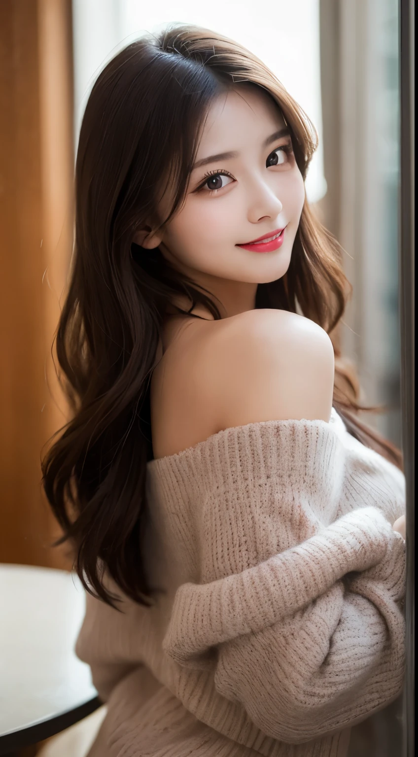 (Women with long hair)、(off-the-shoulder sweater、Oversized sweater)、(Hidden Shorts)、(cross-legs sitting、Hands lying on thighs)、on the beds、Medium chest、Deep Valley、top-quality、masterpiece、illustratio、extremely delicate and beautiful、highlydetailed skin、nffsw、Unity、8k wallpaper、astonishing、finely detail、Highly detailed ticker Unity 8K wallpapers、huge filesize、hight resolution、Handsome detailed woman、extremely detailed eye and face、 Stunning detailed eyes、Facial light、(The best illustrations:1.1)、(Best Shadows:1.1)、超A high resolution、(Photorealsitic:1.1)、(Photorealistic 1.2:1.1)、Realistic facial proportions、Slimed、A smile、(fluffy black eyes:1.21)、Black eyes、Look at viewers、dark brown hair、耳环、a necklace、hair pin、FULL BODYSHOT、(Dark night background: 1.2)、(bokeh dof:1.4)、