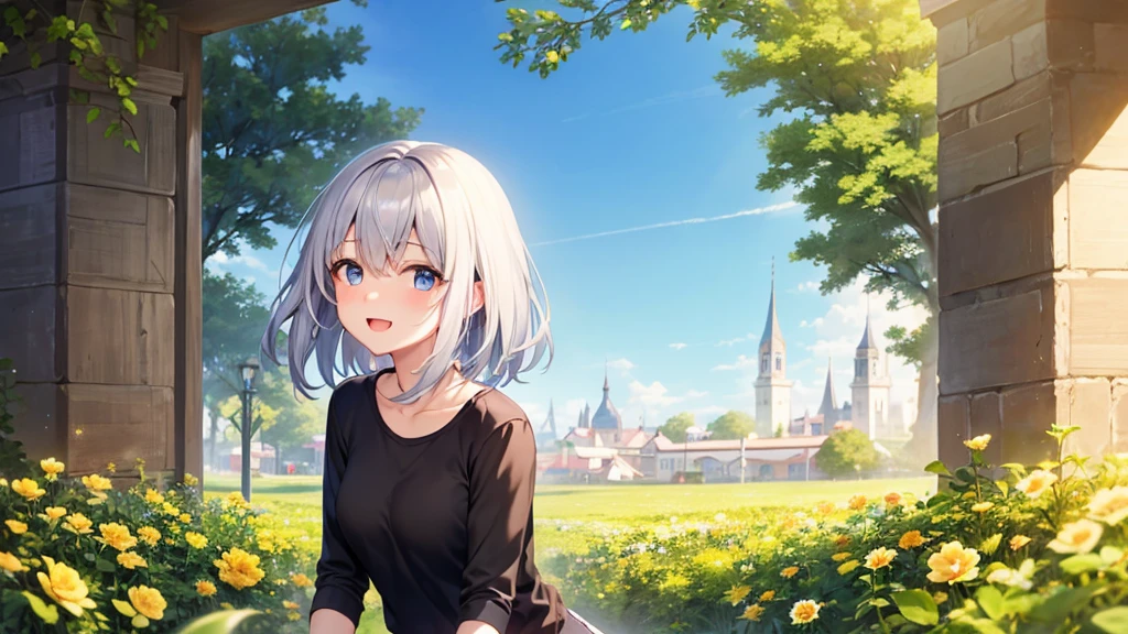 super high quality, with a girl, 20-year-old, very short hair, long bangs between the eyes, gray eyes , blue sky, sunlight, very detailed,(masterpiece、highest quality)、alone、gray hair、laughter、fantasy, silver hair, black eye, beautiful eyes,, ecstasy, charm, be smitten with audience, fantasyな風景、flower garden、black shirt