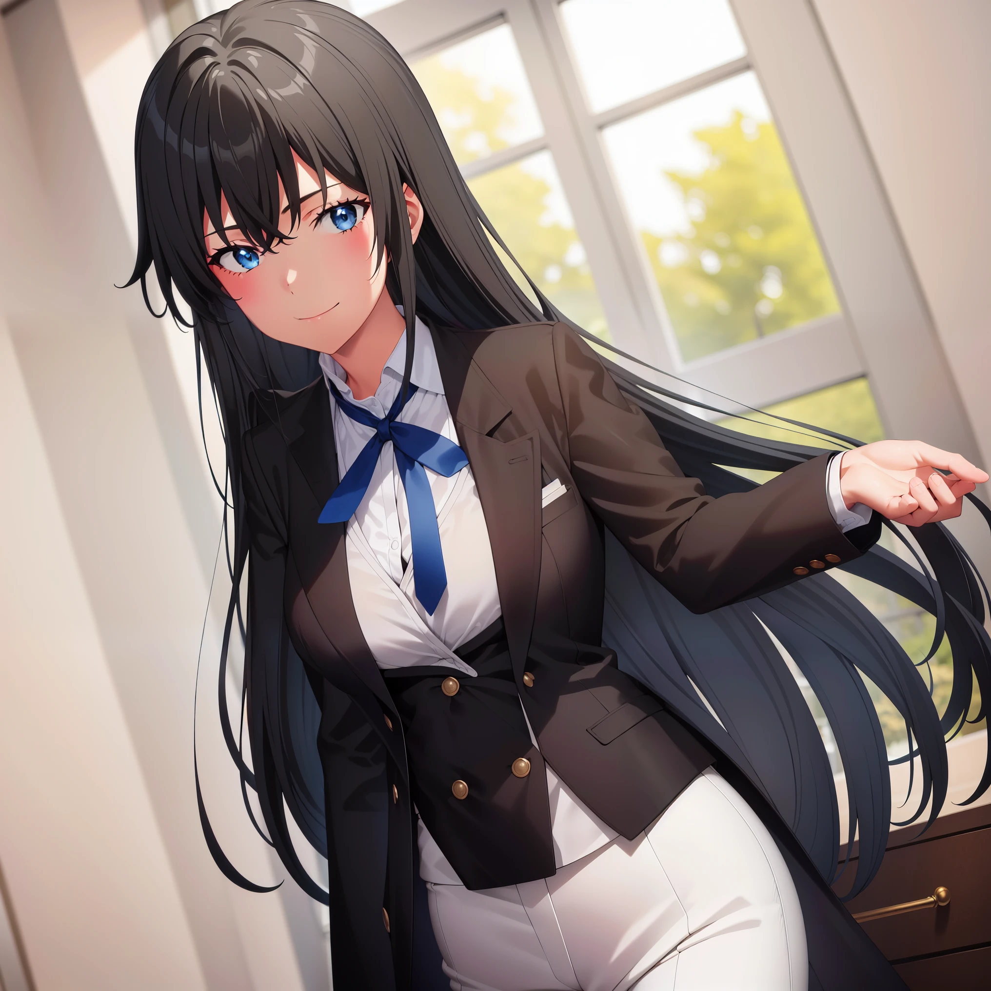 ((best quality)), ((masterpiece)), (detailed) 1girl 1girl, ;\), blurry, blurry_background, breasts, , hair_long looking_at_viewer, ok_sign, open_hand, Yukinoshita Yukino ,Woman wearing formal clothes, An attractive coat stands in a large gap in the room , 1girl, 独奏, blue necktie, Black hair, eyes blue, long hair, smile , collared shirt, white pants, white shirt , Elegantly designed coat , Stand in front of a window ,Perfectly tailored tailcoat. It has a stunning Victorian design and is made of lustrous fabric