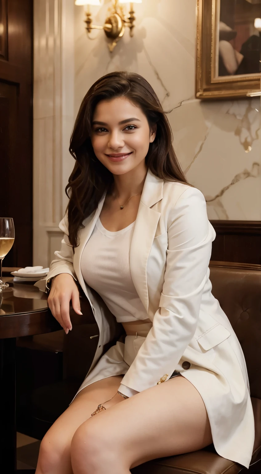 She is sitting on a chair in VERY EXPENSIVE restaurant, there is a few people around sitting at the tables drinking and eating ,She is very well dressed in unbuttoned coat with WHITE T-SHIRT underneath coat, she is smiling, looking at camera charming, 