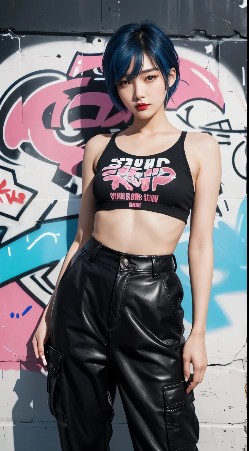 best quality, Clarity, 4k, 8k, detail, actual, Beautiful Girl, Korean makeup, Red lips, pink and blue wolf haircut, Perfect body, thigh, stand, pose standing, medium chest, long inner top, black Cargo Box Pants, Solid graffiti wall background, Graffiti art,