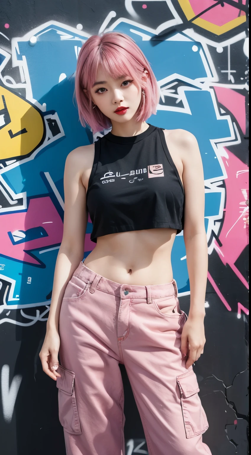 Perfect Style, Beautiful Face, Highly detailed face and skin texture, (Maximum resolution: 1.2), 1 female, alone, Hip Up, jewelry, (((Has a lot of tattoos all over his body)), Streetwear, Sports Bra, Pink Hair, Shorts, sports boots, (((Narrow waist))), ((Big Breasts))