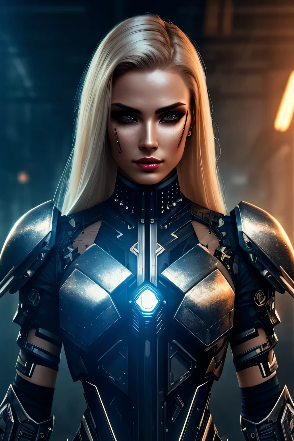 a beautiful woman cyborg warrior in the Style-RustMagic, cyberpunk augmentation, cyberware, cyborg, carbon fiber, chrome, implants, metal skull, cyber plate armor, (dark atmosphere:1.2), (fog & smoke), (dark night:1.3), scars, (blond long length disheveled hair:1.1), (eyeshadow:1.1), (beautifully detailed glow:1.2), (Cinematic lighting), intricate detail, highres, rounded eyes, detailed facial features, sharp focus, smooth, aesthetic, detailed dark industrial factory background, stylish pose, dynamic pose, (dramapaint), (opt-6000:0.9)
