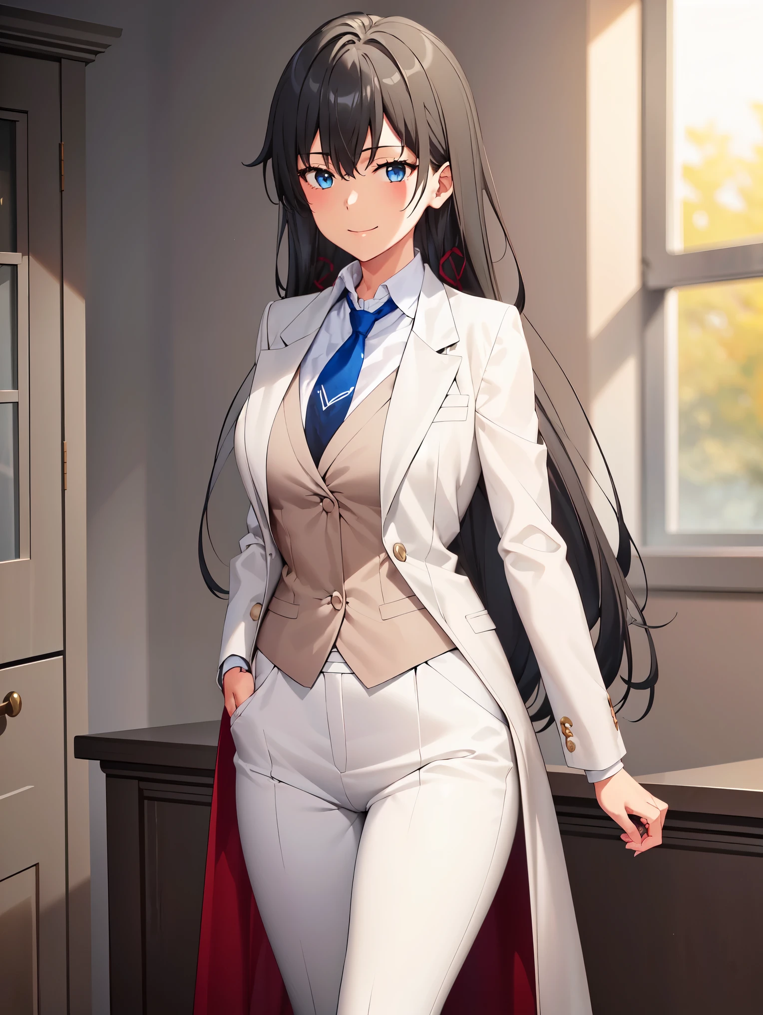 ((best quality)), ((masterpiece)), (detailed) 1girl 1girl, ;\), blurry, blurry_background, breasts, , hair_long looking_at_viewer, ok_sign, open_hand, Yukinoshita Yukino ,Woman wearing formal clothes, An attractive coat sitting on chair in a large gap in the room , 1girl, 独奏, blue necktie, Black hair, eyes blue, long hair, smile , collared shirt, white pants, white shirt , Elegantly designed coat , Stand in front of a window ,Perfectly tailored tailcoat. It has a stunning Victorian design and is made of lustrous fabric