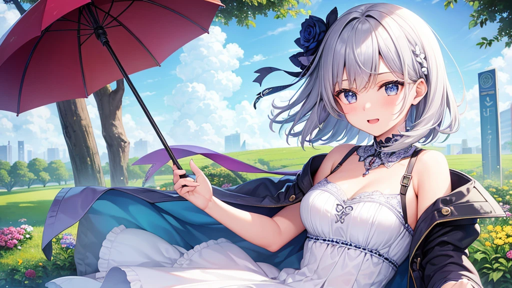 super high quality, with a girl, 20-year-old, very short hair, long bangs between the eyes, gray eyes , blue sky, sunlight, very detailed,(masterpiece、highest quality)、alone、gray hair、laughter、fantasy, silver hair, black eye, beautiful eyes,, ecstasy, charm, be smitten with audience, fantasyな風景、flower garden、white clothes