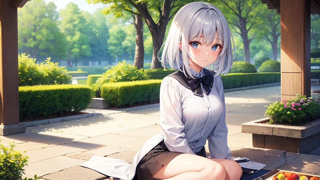 super high quality, with a girl, 20-year-old, very short hair, long bangs between the eyes, gray eyes , blue sky, sunlight, very detailed,(masterpiece、highest quality)、alone、gray hair、laughter、fantasy, silver hair, black eye, beautiful eyes,, ecstasy, charm, be smitten with audience, fantasyな風景、flower garden、white clothes