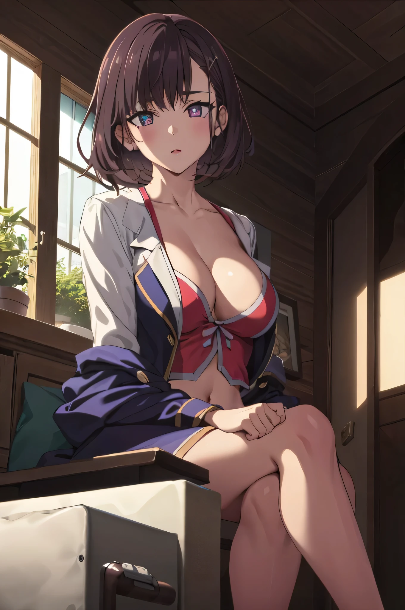 ShizukaMikazuki, 1girl, solo, looking at viewer, short hair, black hair, navel, cleavage, medium breasts, purple eyes, BREAK (formal clothes:1.2), BREAK looking at viewer,medium shot , angled shot from the side , from below, BREAK garden, BREAK (masterpiece:1.2), best quality, high resolution, unity 8k wallpaper, (illustration:0.8), (beautiful detailed eyes:1.6), extremely detailed face, perfect lighting, extremely detailed CG, (perfect hands, perfect anatomy),