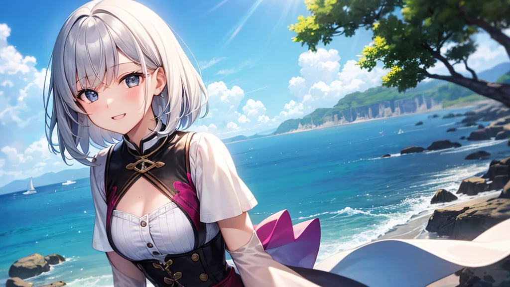 super high quality, with a girl, 20-year-old, very short hair, long bangs between the eyes, gray eyes , blue sky, sunlight, very detailed,(masterpiece、highest quality)、alone、gray hair、laughter、fantasy, silver hair, black eye, beautiful eyes,, ecstasy, charm, be smitten with audience, fantasyな風景、seaside、white shirt