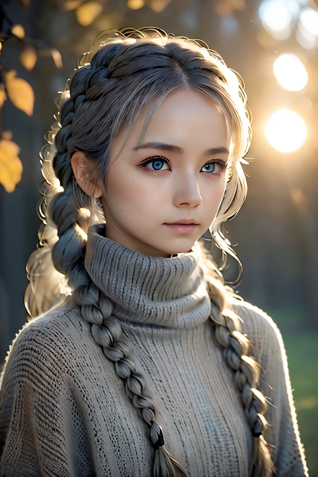 Full-bodied angle、one woman、cute face、Rin々new expression、Japanese、Japanese、gray eyes、(((beige hair)))、french braid、16talent、cute character print shirt、Andes、sitting on a large stone at the top of a mountain、sunset、