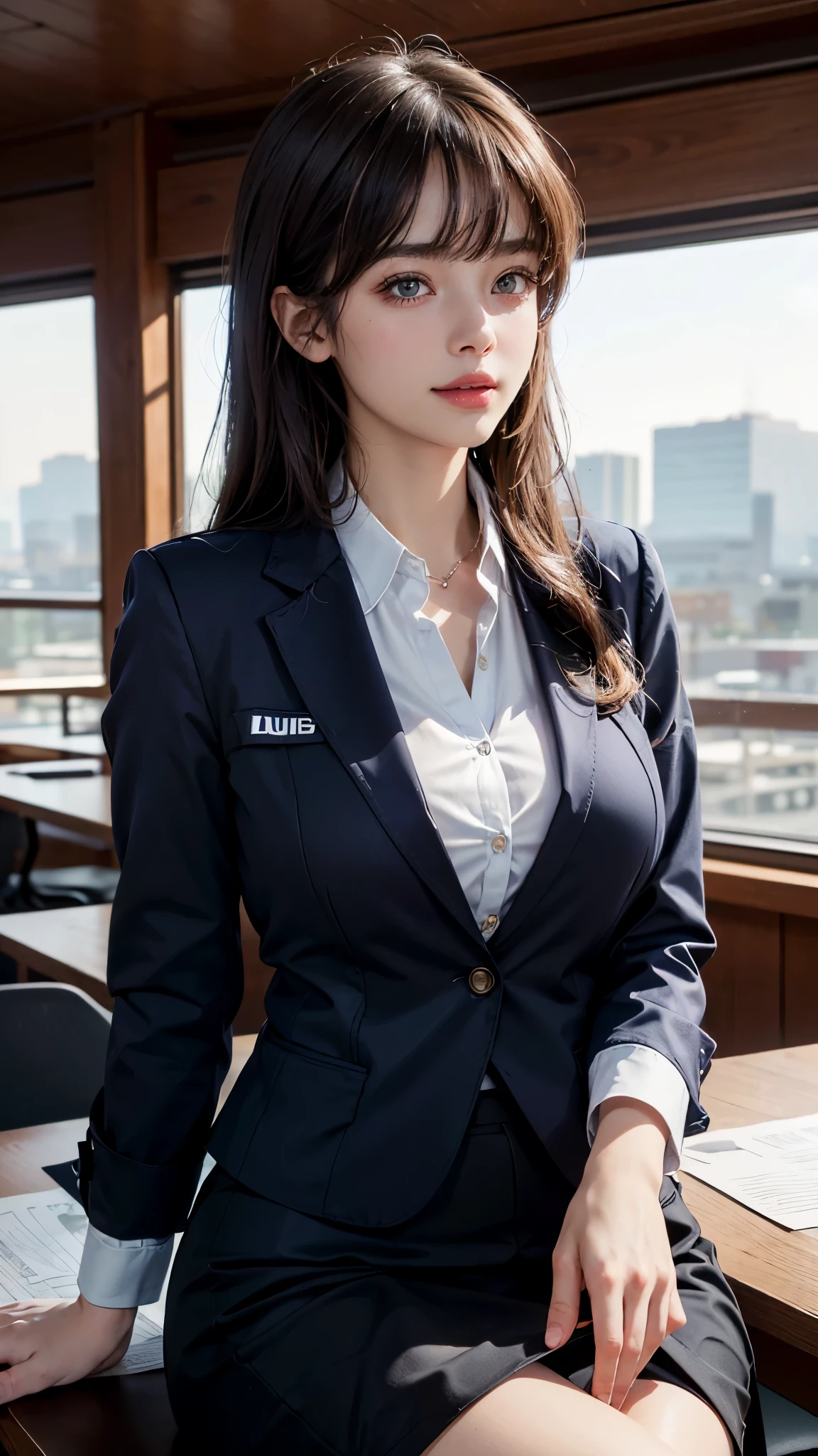 (UHD, retina, masterpiece, accurate, anatomically_correct, textured_skin, super_detail, high_details, high_quality, best_quality, high_res, 1080P, HD, 4K, 8k, 16k), (beautiful_detailed_eyes, beautiful_detailed_lips, extremely_detailed_eyes_and_face), soft_lighting, physically-based_rendering, vivid_colors, (large_breasts:1.5), (shiny_hair, shiny_skin, tanned_skin, blush), (bangs:1.5), eye_reflection, (bokeh), semi-profile_view, smile_and_laugh, (blazer, shirt, businessskirt, sit:1.5), panties,