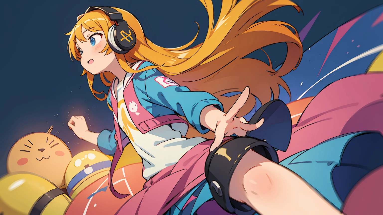 Kousaka Kirino, oreimo, best quality, realistic, vividKirinos, digital illustration, gamer girl, orange long hair, , teen, focused look, hhones, gaming controller, colorful background, cheerful expression, beautiful, pretty